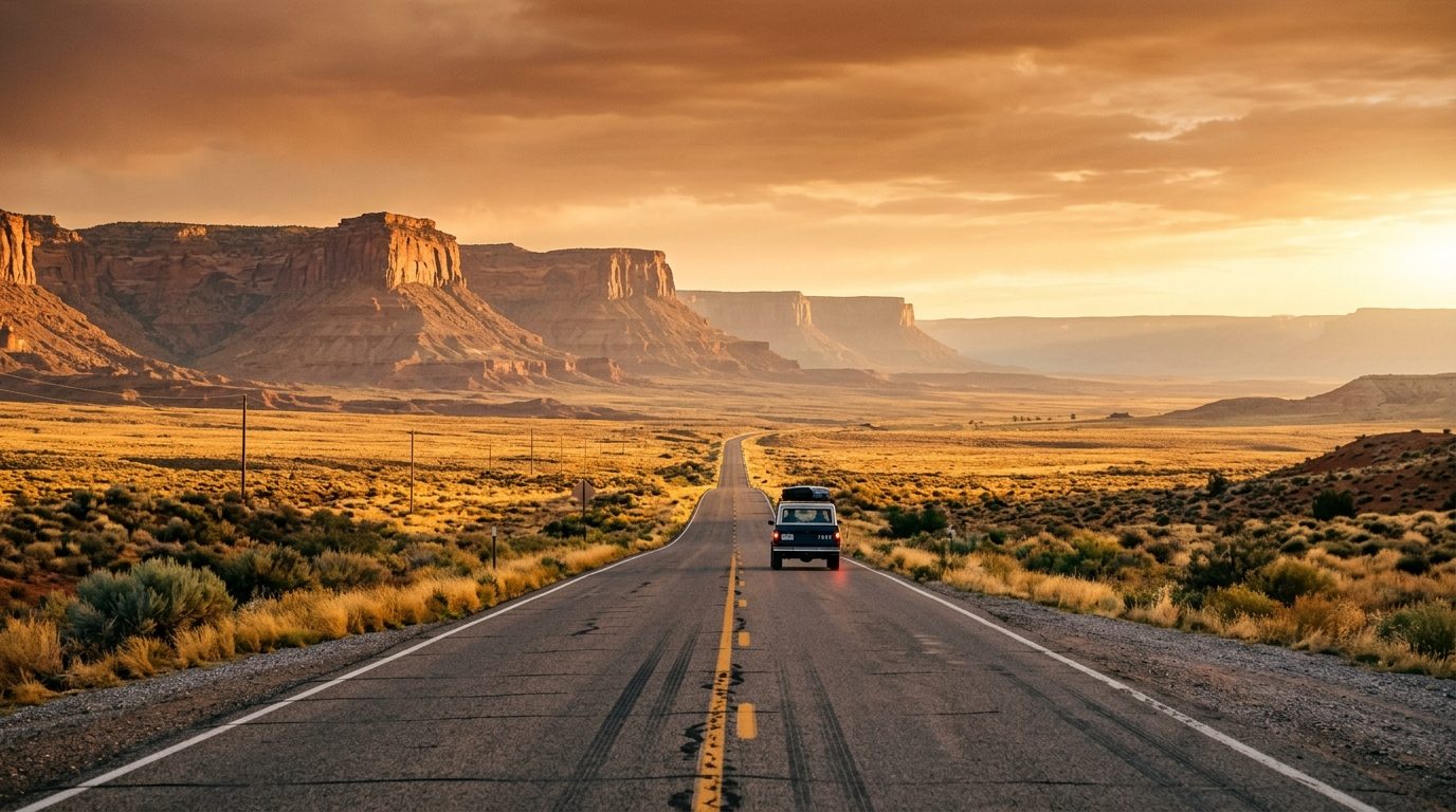 An endless American highway stretching through the desert at golden hour
