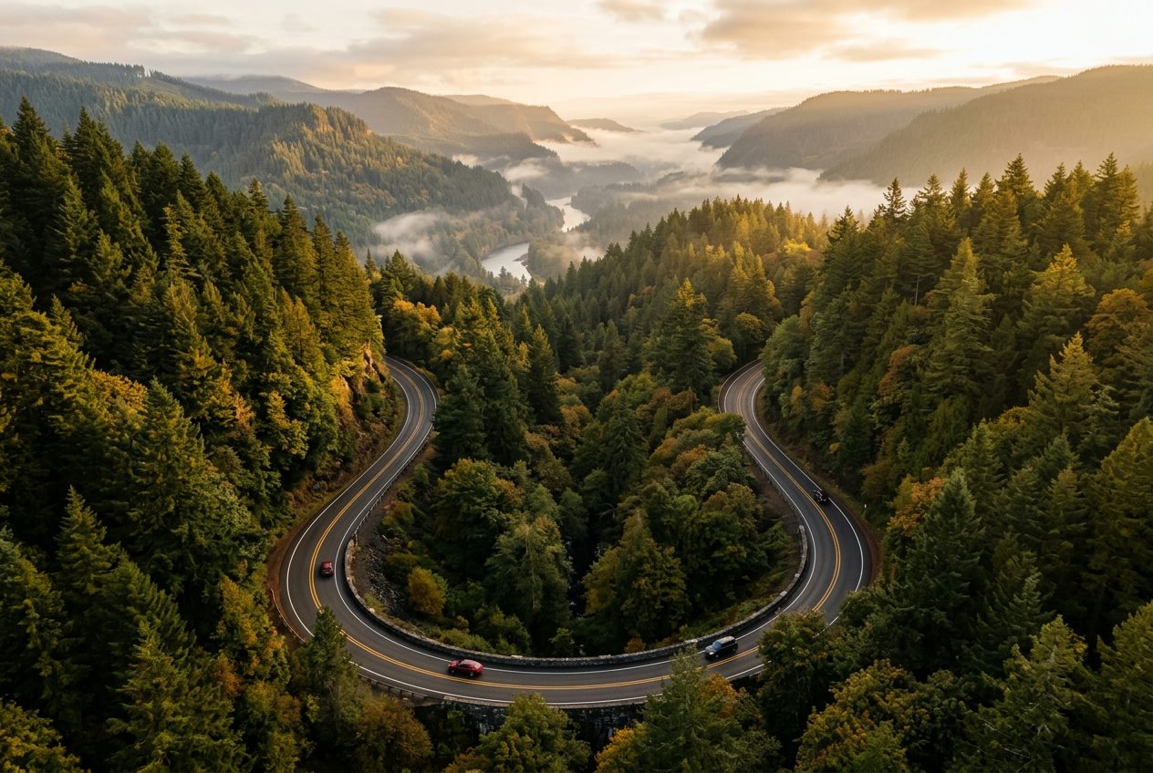 Winding road through Pacific Northwest forest near Portland, Oregon